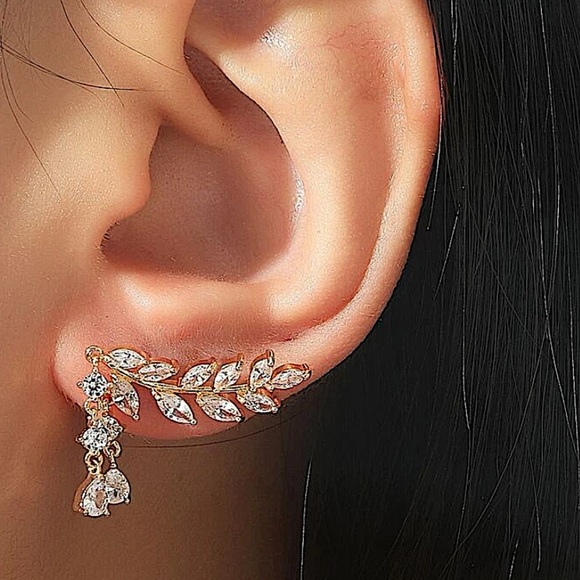 Gold Zircon Leaf Tassel Ear Climber Crystal Rhinestone Earrings - Picture 1 of 10